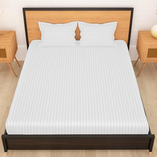 Story@Home Bedsheets For Double Bed With 2 Pillow Cover | 300Tc Microfiber Double Bedsheet With Pillow Cover | 225 X 250Cm | White, Stripes Pattern | Home Decor | Perfect For Festive Gifting