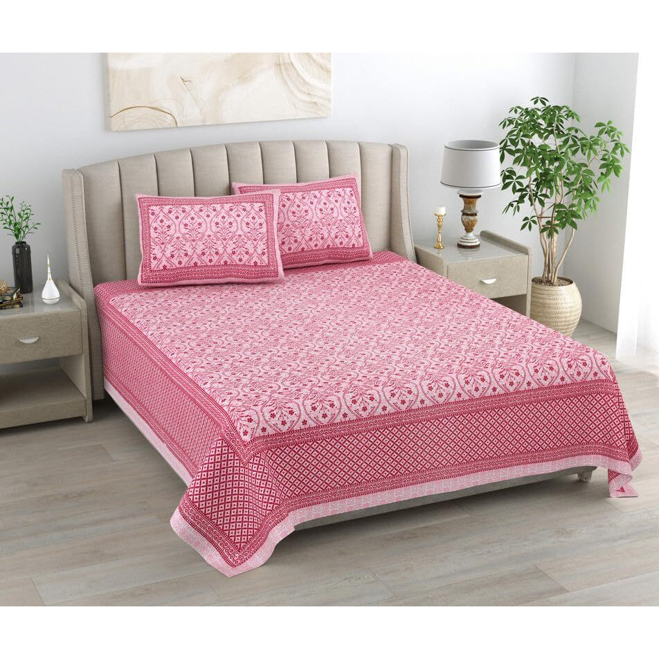 Kotts & Stitch Jaipuri Cotton Double Bed Bedsheet |Traditional Jaipuri Print | 93X108 Inches |100% Cotton, Lightweight, Durable Design |Red Color |2 Pillow Covers| Perfect For Bedroom Dcor