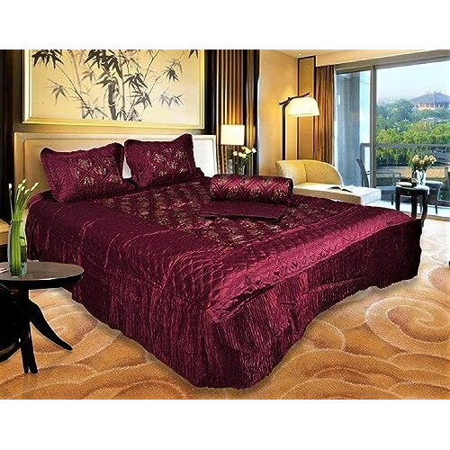 Manavrachit Satin Gold Printed 310 Tc Wedding Bedding Set (Bedsheet With 2 Pillow Covers & 1 Ac Comforter) For Home & Living Room(Maroon, Set Of 4Pc)(Hathi Print)