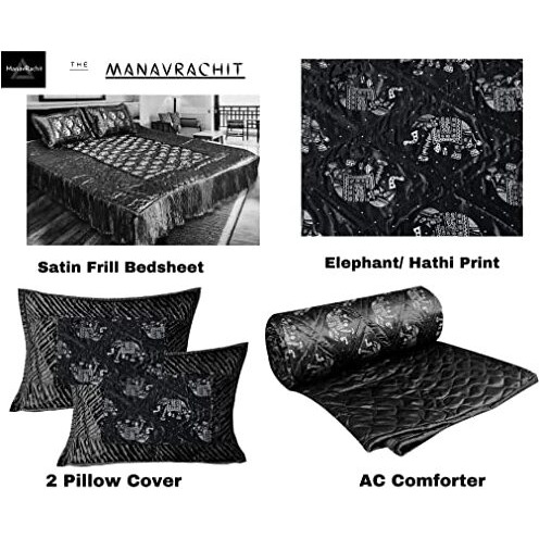 Manavrachit Satin Gold Printed 310 Tc Wedding Bedding Set (Bedsheet With 2 Pillow Covers & 1 Ac Comforter) For Home & Living Room(Maroon, Set Of 4Pc)(Hathi Print)
