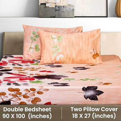 Kautage- Love In Living, Printed 100% Cotton, 186 Tc, Bedsheet With Two Pillow Covers (Peach, Double)
