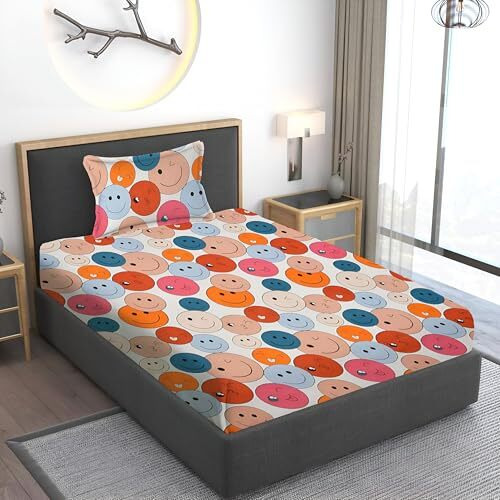 Ivaza Cotton Feel Ezyption Cotton Wrinkle Free Soft Hypoallergenic Bed Sheet | Floral Printed Single Bedsheet Size With 1 Pillow Cover (60X90 Inches Smilee Multi