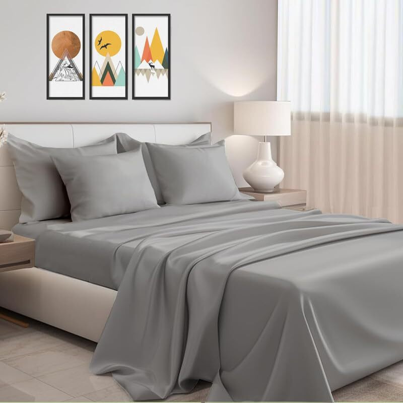 Linenaffairs Microfiber Bed Sheets-Hotel Luxury Bedding 1800, Ultra-Soft Microfiber Wrinkle Free Luxury - Light Grey Solid_King Size
