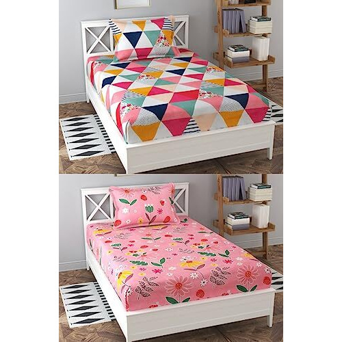 Engunias Prime Collection 220Tc 2 Single Bedsheet With 2 Free Pillow Covers Soft-Touch Glace Cotton Skin Friendly 154X230Cm Single Bedsheet For Single Bed