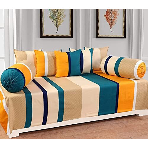 Mallowworld Beautiful Solid Satin Stripe Diwan Set Covers 8 Pieces Designer Printed Standard Diwan Set With 1 Single Bedsheet Size 60X90, 5 Cushions Covers And 2 Bolster Covers (Royalyellow Color)