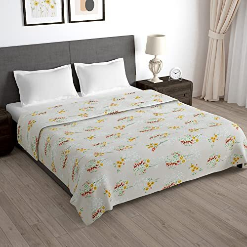 Story@Home Microfiber Arena Zipper Duvet Cover, Ac Blanket Double Bed, Dohar Double Bed, Soft Blanket For Summer, Light-Weight, Reversible | Cream | Floral | 221 Cm X 254 Cm,180Tc