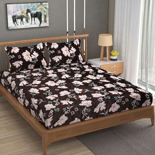 Real Dream Presents Luxurious Bedsheets For Winter King Size Fitted Flannel/Warm Double Bedsheet Fully Elasticized With 2 Pillow Covers 72 X 78 X 8 Inches (Flower Coffee, 72 X 78 X 8 Inches King)