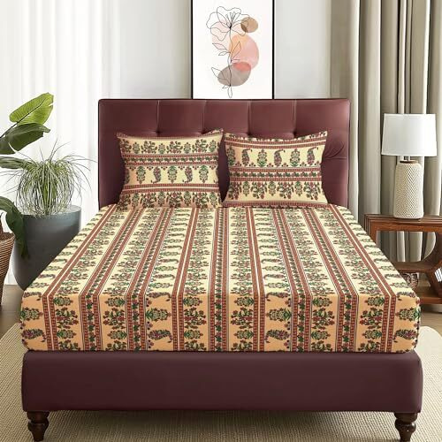 Story@Home Bedsheet For Double Bed With 2 Pillow Covers| Microfiber Bedsheet | Soft & Light-Weight Double Bedsheet Set Of 1 | 225X250Cm | 180Tc | Beige | Motif | Ideal For Double Size Bedsheet