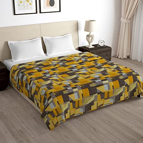 Story@Home Microfiber Arena Zipper Duvet Cover, Ac Blanket Double Bed, Dohar Double Bed, Soft Blanket For Summer, Light-Weight, Reversible | Mustard | Geometric | 221 Cm X 254 Cm,180Tc