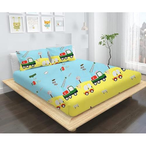 Scuzo Super Soft Glace Cotton Fitted Elastic King Size Double Bed Bedsheet With 2 Pillow Covers (Double Bed (72 X 78 Inch) | Kids Bedsheets