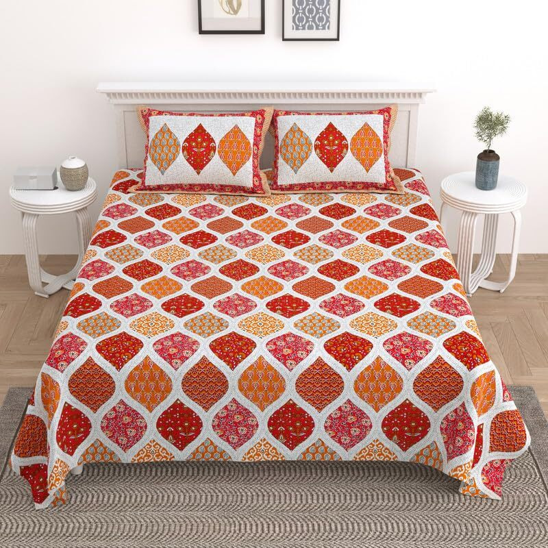 Kotts & Stitch Cotton Double Bed Bedsheet Set With 2 Pillow Covers | 210 Tc | 237X274 Cm | Jaipuri Tradtional Ajrak Print