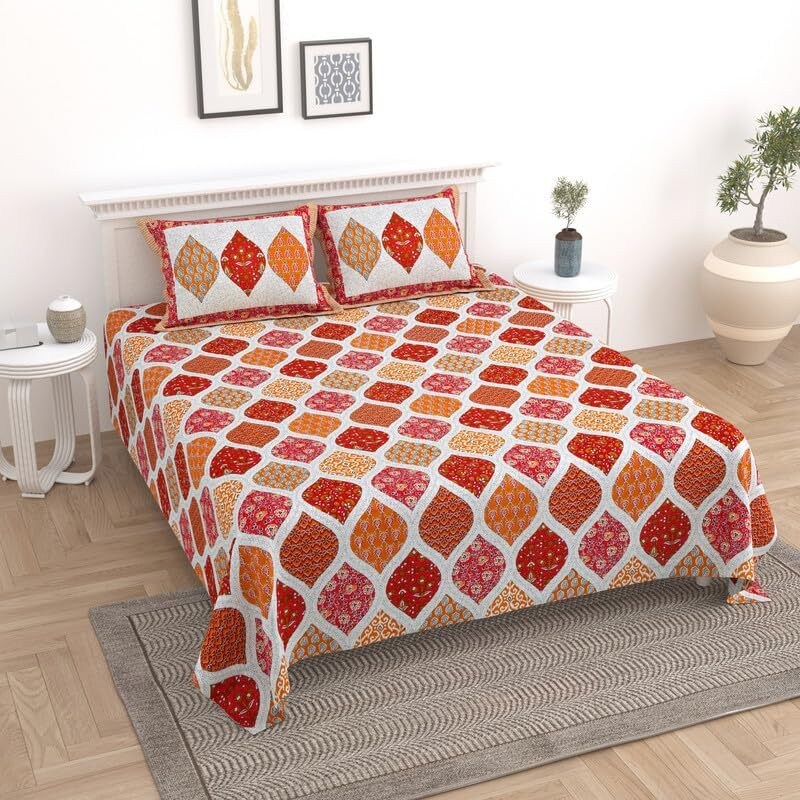 Kotts & Stitch Cotton Double Bed Bedsheet Set With 2 Pillow Covers | 210 Tc | 237X274 Cm | Jaipuri Tradtional Ajrak Print