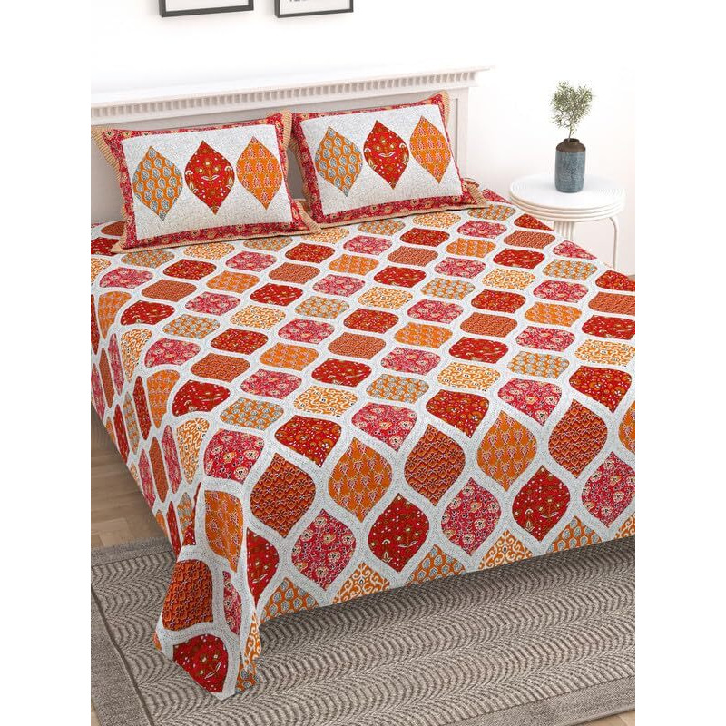 Kotts & Stitch Cotton Double Bed Bedsheet Set With 2 Pillow Covers | 210 Tc | 237X274 Cm | Jaipuri Tradtional Ajrak Print