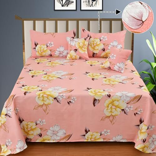 Real Dream Glace Cotton 5 Pcs Quilted Bedding Set 1 Double Bedsheet With 2 Quilted Pillow Covers And 2 Quilted Filled Cushions, 90 X 90 Inches (Flower-Pink)