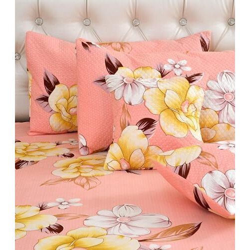 Real Dream Glace Cotton 5 Pcs Quilted Bedding Set 1 Double Bedsheet With 2 Quilted Pillow Covers And 2 Quilted Filled Cushions, 90 X 90 Inches (Flower-Pink)