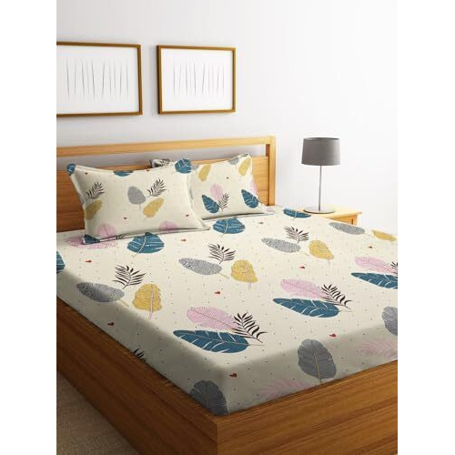 Starnstyle Premium 160 Tc Ezyption Cotton Blend Floral Printed Pattern Double Bedsheet With 2 Pillow Covers Breathable& Wrinkle Free - 3 Pcs Set 228 X228 Cm Cream And White Pankh