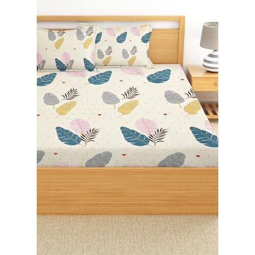 Starnstyle Premium 160 Tc Ezyption Cotton Blend Floral Printed Pattern Double Bedsheet With 2 Pillow Covers Breathable& Wrinkle Free - 3 Pcs Set 228 X228 Cm Cream And White Pankh