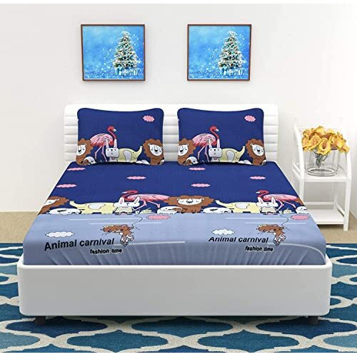 Pnp Textiles Animal Carnival Kids Double Bedsheet With 2 Pillow Covers Cute Cartoon Printed Bed Cover Made With Pure Microfiber (Bedsheet Size 90X90 Inch)(Colour-Blue And Grey)
