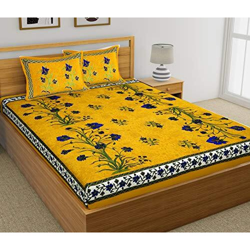 Sheetkart 144 Tc Cotton Floral Double Bedsheet With 2 Pillow Covers (Yellow)