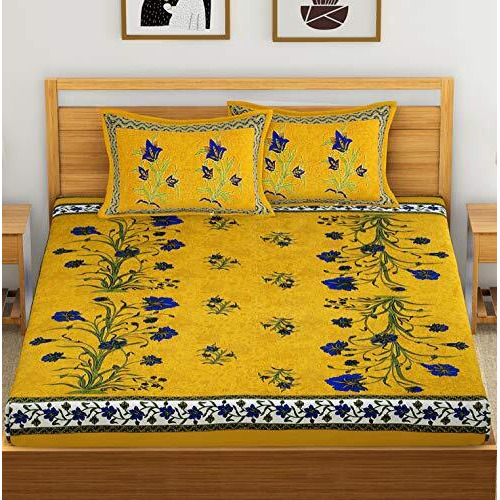 Sheetkart 144 Tc Cotton Floral Double Bedsheet With 2 Pillow Covers (Yellow)