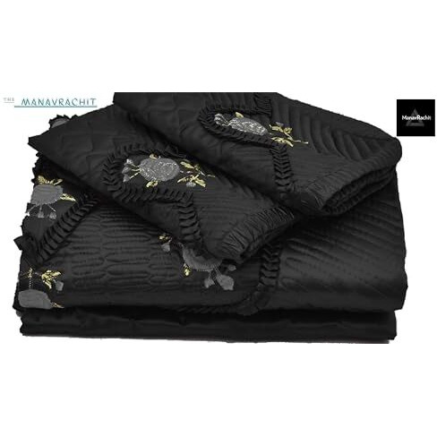Manavrachit Satin Gold Printed 310 Tc Double Bed Wedding Bedding Set - 8 Pieces - Black- For Home & Living Room - Jaal Print, Black Jaal Color