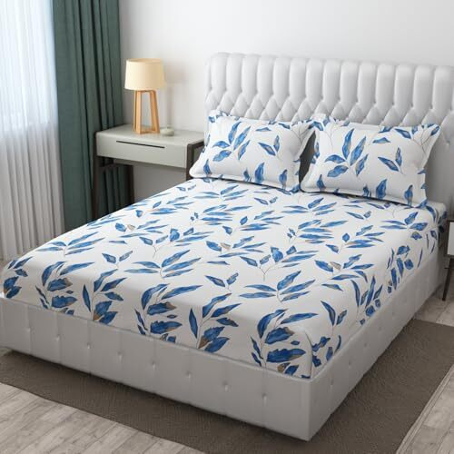 Om Carpet Glace Cotton Breathable Wrinkle, Fade Resistant & Cooling Flat Premium Bed Sheet 250 Tc With Large Size 18X28 Inches Pillow Cover (Design_103, 90X100 Inches For Double Bed)