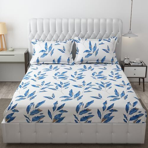 Om Carpet Glace Cotton Breathable Wrinkle, Fade Resistant & Cooling Flat Premium Bed Sheet 250 Tc With Large Size 18X28 Inches Pillow Cover (Design_103, 90X100 Inches For Double Bed)