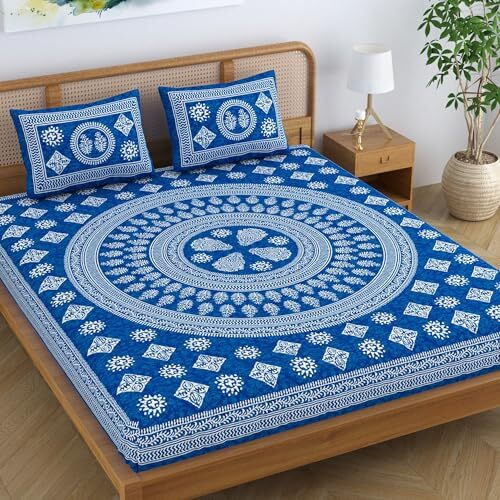 Sheetkart Pure Cotton Mandala Block Floral Printed Double Bedsheet With 2 Pillow Covers, Royal Blue