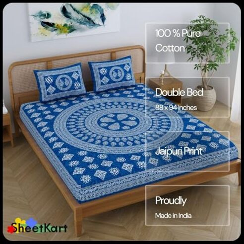 Sheetkart Pure Cotton Mandala Block Floral Printed Double Bedsheet With 2 Pillow Covers, Royal Blue