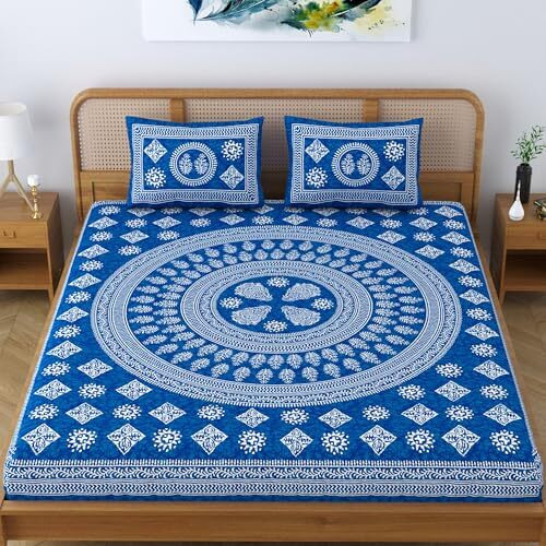 Sheetkart Pure Cotton Mandala Block Floral Printed Double Bedsheet With 2 Pillow Covers, Royal Blue