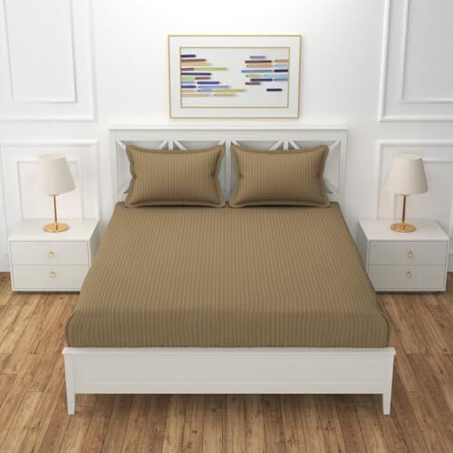 Ultica Fab 210 Tc Glace Cotton Satin Stripes Plain Color King Size Bedsheet For Double Bed With Two Pillow Covers For Home-Hotels-Guest House 90X100 Inch Brown