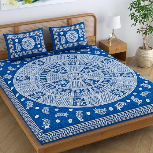 Sheetkart Cotton Traditional Mandala Motif Printed Bedsheet For Double Bed King Size With 2 Pillow Covers - Slate Blue