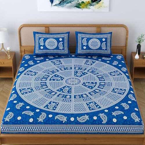 Sheetkart Cotton Traditional Mandala Motif Printed Bedsheet For Double Bed King Size With 2 Pillow Covers - Slate Blue
