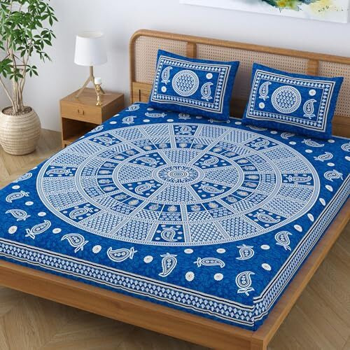Sheetkart Cotton Traditional Mandala Motif Printed Bedsheet For Double Bed King Size With 2 Pillow Covers - Slate Blue