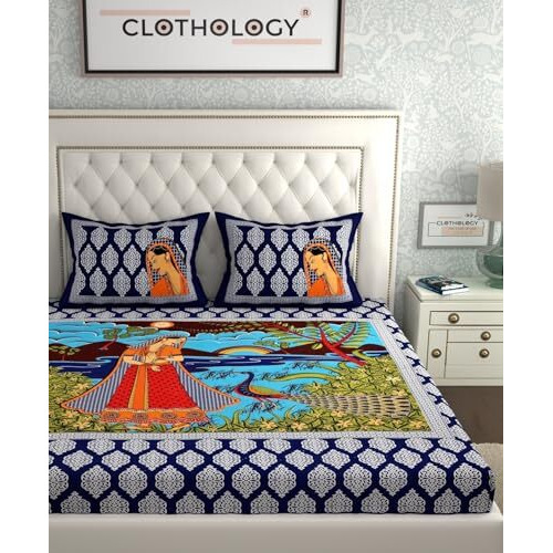 Clothology 144 Tc 100% Cotton Double Bed Size/Queen Size Bed Printed Flat Bedsheet With 2 Pillow Covers, (Pack Of 1), Popularly Known As (90X100) Bed Sheet Double Bed Cotton