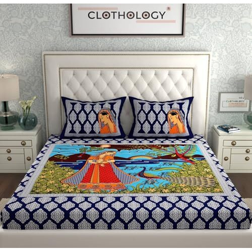 Clothology 144 Tc 100% Cotton Double Bed Size/Queen Size Bed Printed Flat Bedsheet With 2 Pillow Covers, (Pack Of 1), Popularly Known As (90X100) Bed Sheet Double Bed Cotton