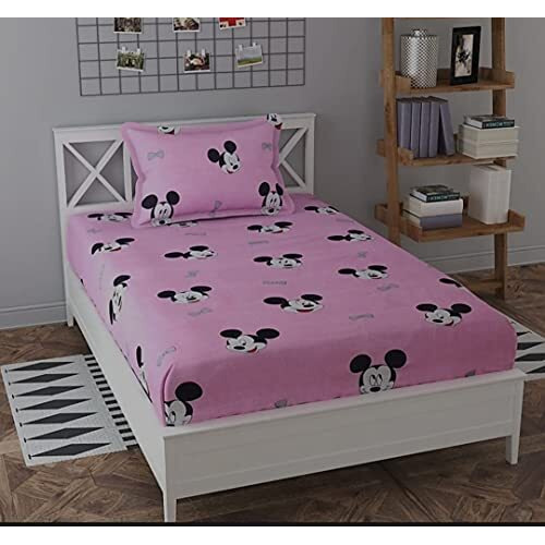 Engunias Single Bed Cotton Feel 100% Glace Cotton Bedsheet Set Of 1 Bedsheet With 1 Pillow Covers (1 Single Bed Bedsheets With 1 Pillow Covers) Smiley Design 1 (Pink)