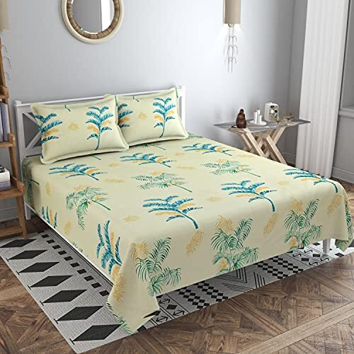 Konvio 220Tc Printed Design Size Double Bed Sheet With 2 Pillow Covers, 88 X 96 Inch (Double Bed, Sea Green Olive)