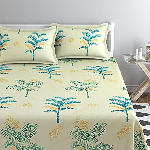 Konvio 220Tc Printed Design Size Double Bed Sheet With 2 Pillow Covers, 88 X 96 Inch (Double Bed, Sea Green Olive)