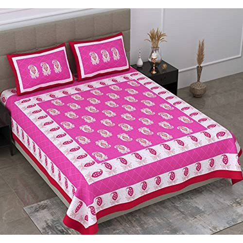 Sheetkart Floral Printed 144 Tc Jaipuri Cotton Double Bedsheet With 2 Pillow Covers - Pink