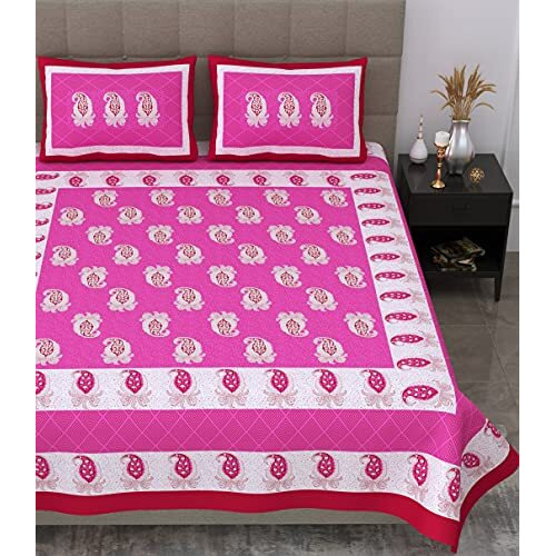 Sheetkart Floral Printed 144 Tc Jaipuri Cotton Double Bedsheet With 2 Pillow Covers - Pink