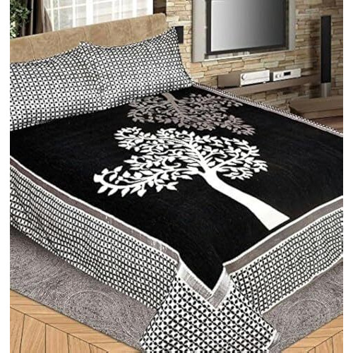 Fresh From Loom Chenille Velvet Floral 500 Tc Heavy Bedsheet For Double Bed King Size - 90 X 100 Inch Black Color With 2 Pillow Covers
