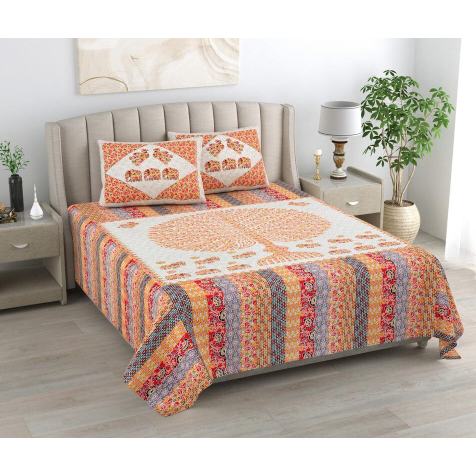 Kotts & Stitch Soft Cotton King Size Bedsheet For Double Bed, King Size, 93X108 |2 Large Size Pillow Covers| (Orange, Red, Yellow, Blue) Traditional Big Tree Design