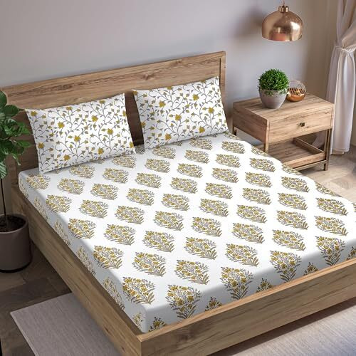 Trance Home Linen Jaipuri Design 180Tc 100% Cotton King Size Printed Bedsheet | Bedding Set Of King Size Flat Bed Cover With 2 Pillow Covers (108X108 Inch | 9Ft X 9Ft - Madhuban Yellow)