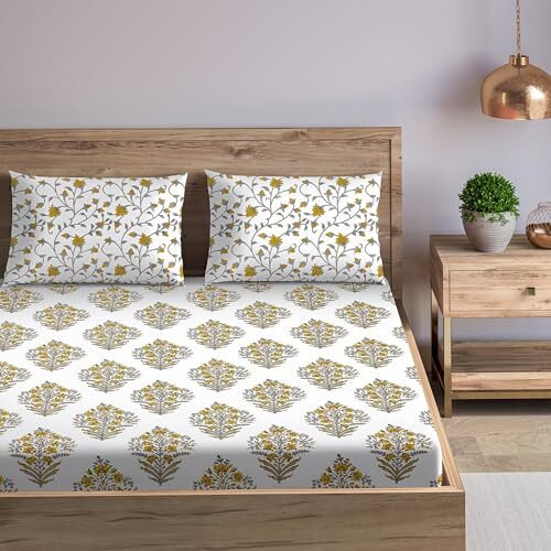 Trance Home Linen Jaipuri Design 180Tc 100% Cotton King Size Printed Bedsheet | Bedding Set Of King Size Flat Bed Cover With 2 Pillow Covers (108X108 Inch | 9Ft X 9Ft - Madhuban Yellow)