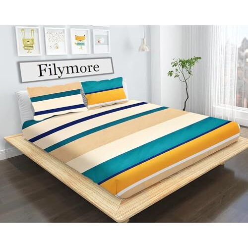 Filymore Queen Size Line Design Bedsheet For Double Bed Made With Microfiber Wrinkle Free Soft Hypoallergenic Bedcover (90X90 Inches)(Orange And Green)