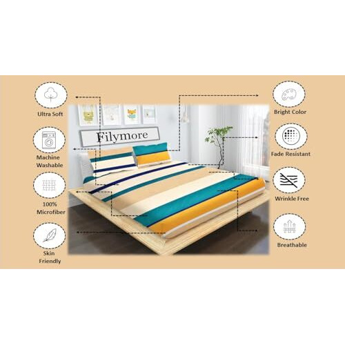 Filymore Queen Size Line Design Bedsheet For Double Bed Made With Microfiber Wrinkle Free Soft Hypoallergenic Bedcover (90X90 Inches)(Orange And Green)