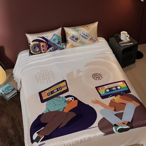 Quirkloom Bedsheet Set For Double Bed, Premium Satin Bedsheets With Pillow Covers, Quirky Printed Bed Sheet, Lo-Fi Laze