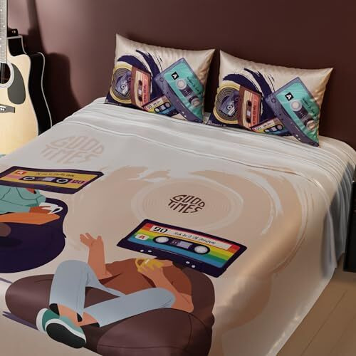 Quirkloom Bedsheet Set For Double Bed, Premium Satin Bedsheets With Pillow Covers, Quirky Printed Bed Sheet, Lo-Fi Laze