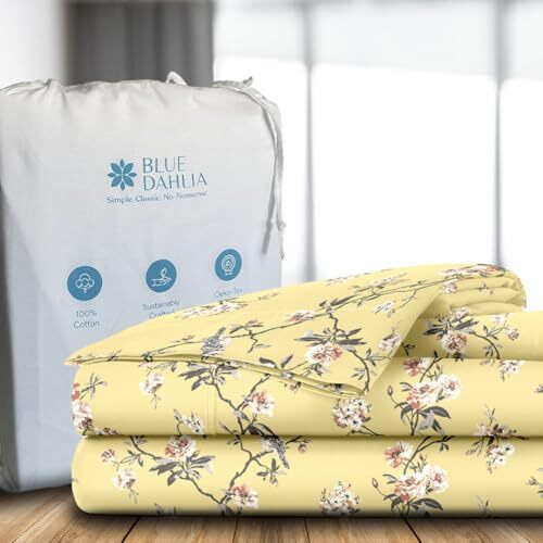 Blue Dahlia 300Tc Printed Cotton Flat Bedsheet (Single Size, Blossom Mustard Yellow) Floral Bed Sheet For Single Bed, 1 Flat Sheet (60&quotX90") & 1 Pillow Cover (18&quotX28") Bedding Set Oeko-Tex Certified